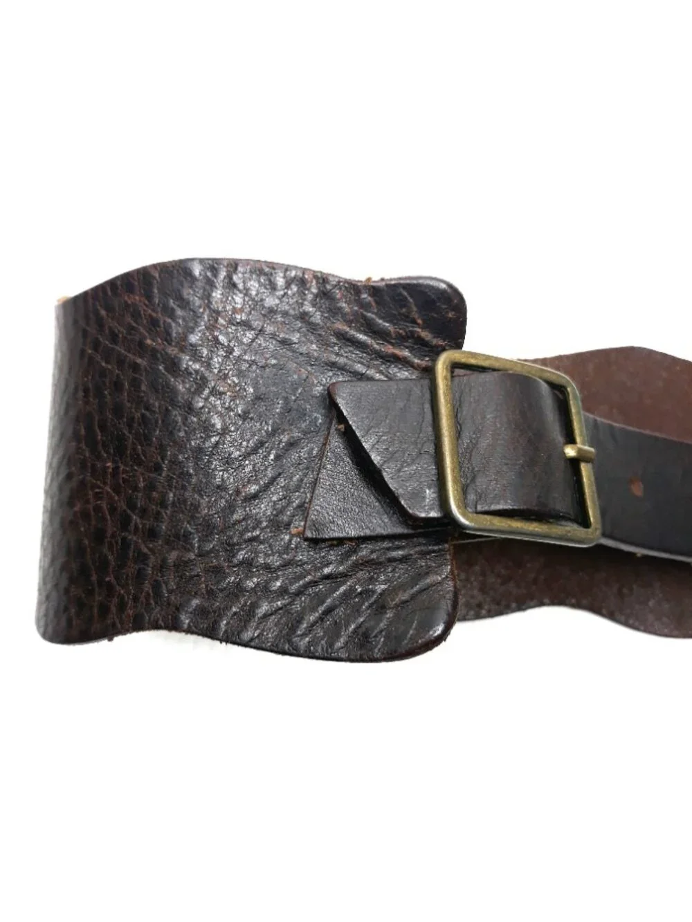 Boho Brown Leather Waist Belt 2-Pieces Scalloped Double Buckle Artsy Western